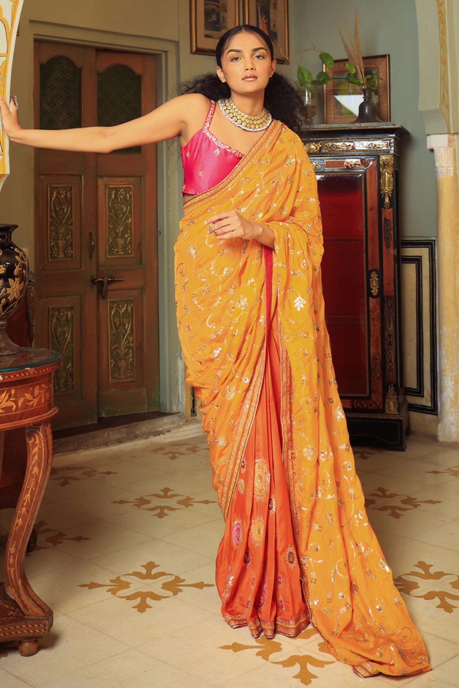 Sunrise Orange Bandhani Print Soft Silk Saree with Contrast Blouse – Ethnos