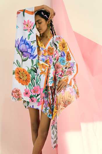 Designer Black Crepe Kaftan A Batik Print Set main image 1