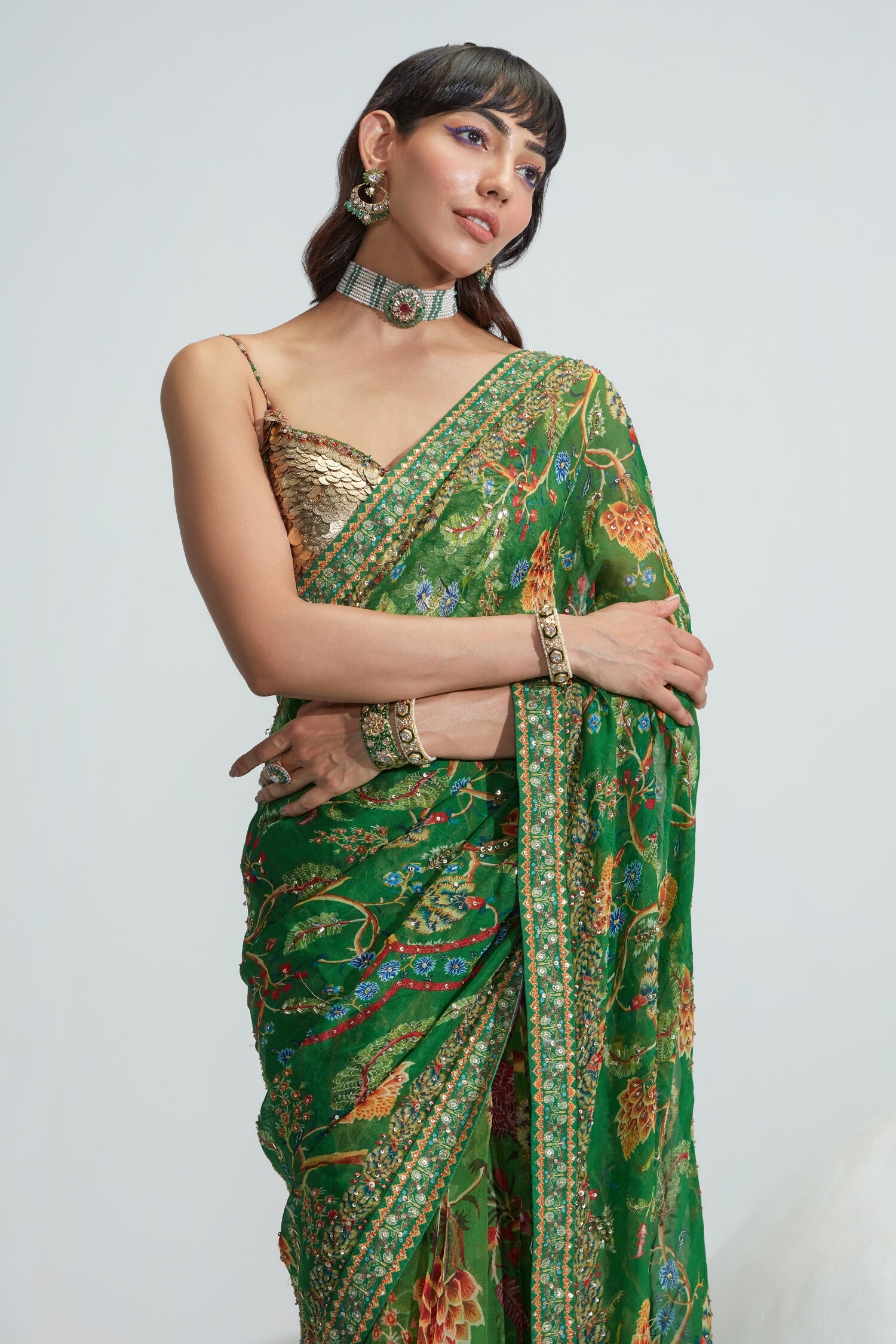 Buy_Mahima Mahajan_Green Organza Subha Floral Print Saree With Blouse