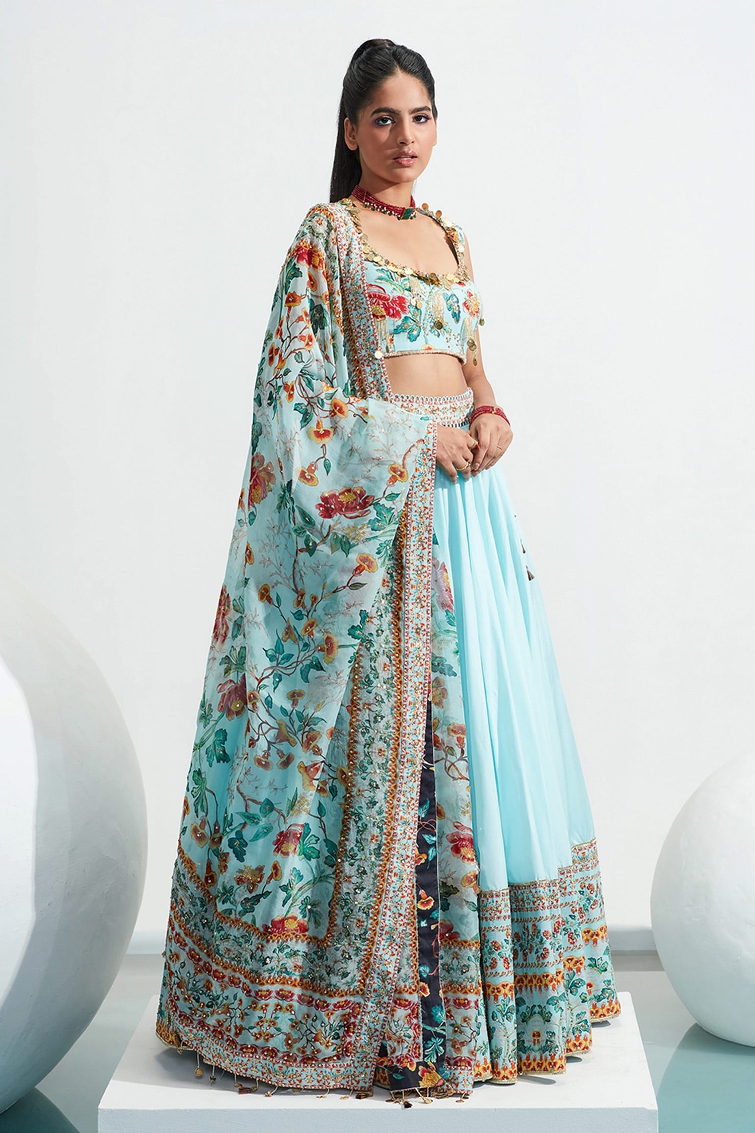 Buy Mahima Mahajan Blue Nadia Satin Organza Lehenga Set Online | Aza ...