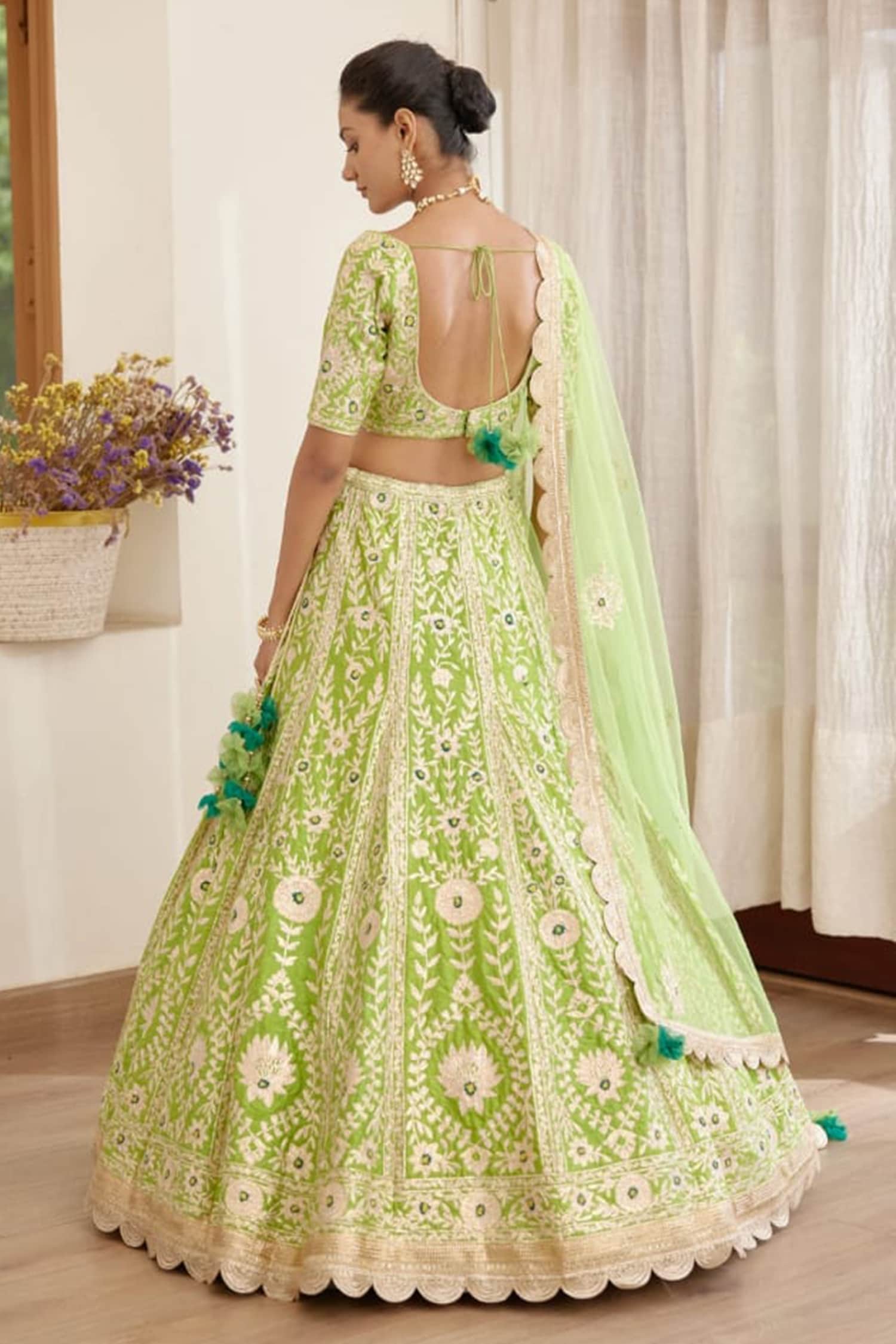 Buy Shyam Narayan Prasad Green Raw Silk Floral Embroidered Lehenga Set ...