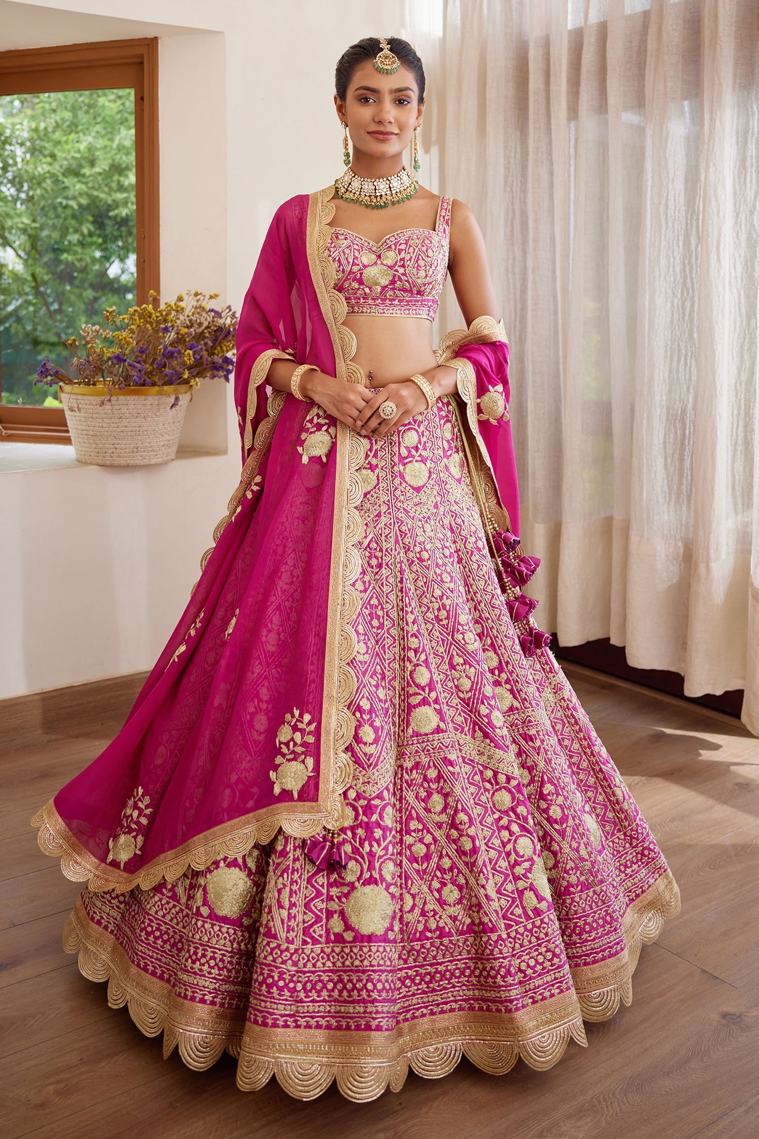 Buy Pink Silk And Net Embroidery Zari Sweetheart Neck Bridal Lehenga ...