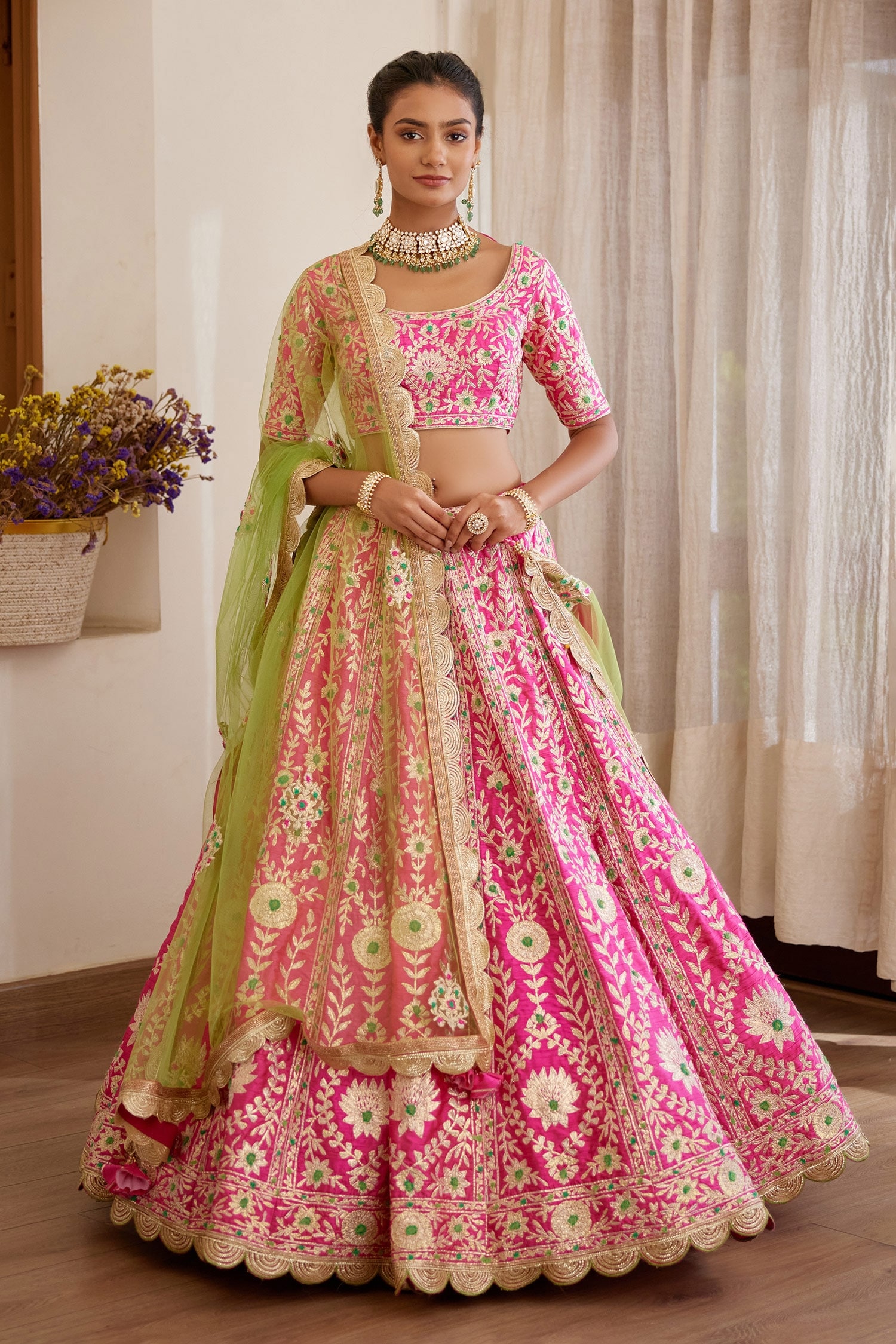 Buy Pink Silk And Net Embroidery Gota And Thread Scoop Neck Lehenga Set