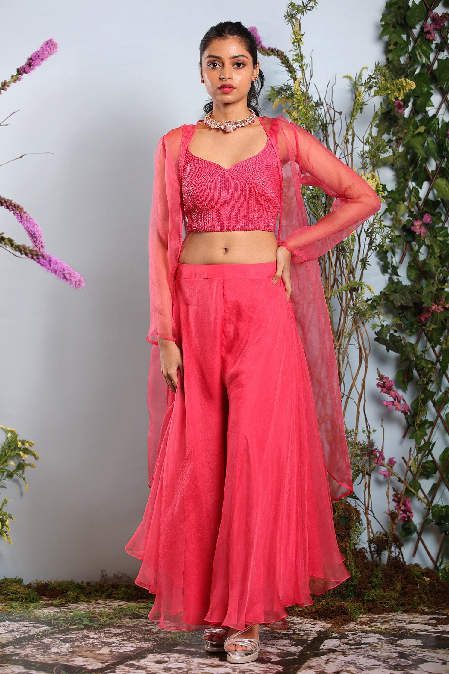 Julie by Julie Shah Coral Georgette Organza Cape And Pant Set