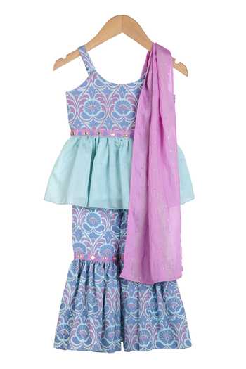 Girls Maroon Silk Blend Embroidered Straight Kurta With Sharara Set