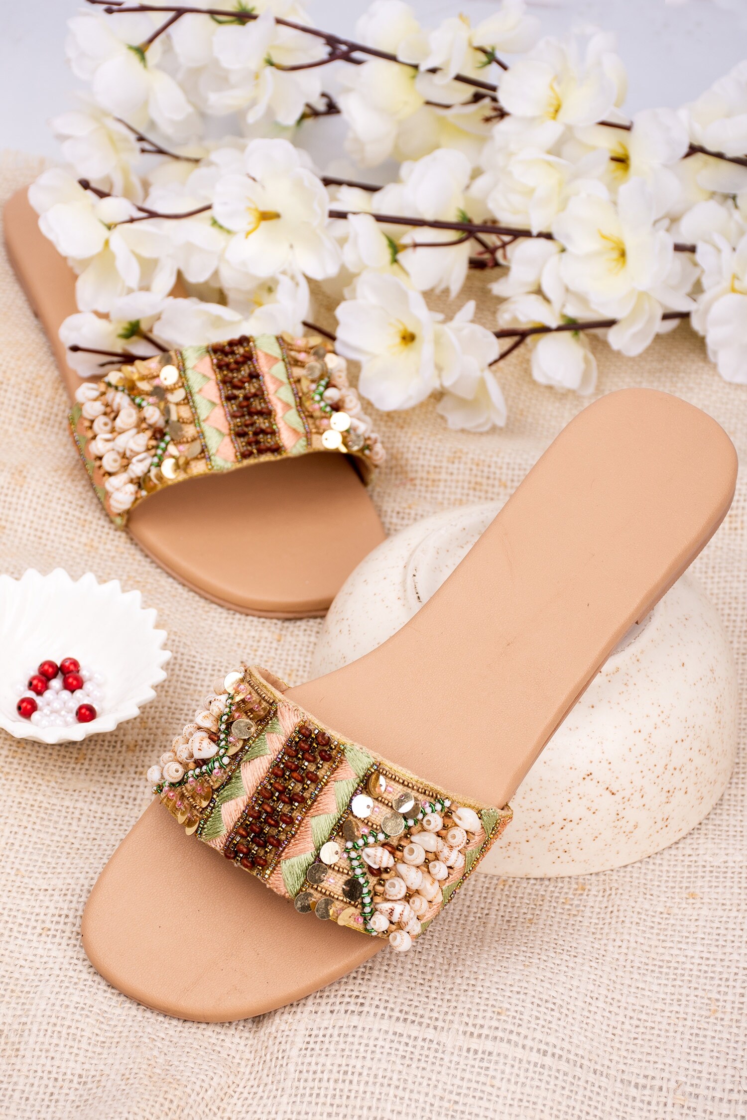 Kasually Klassy Beige Embellished Strap Flats