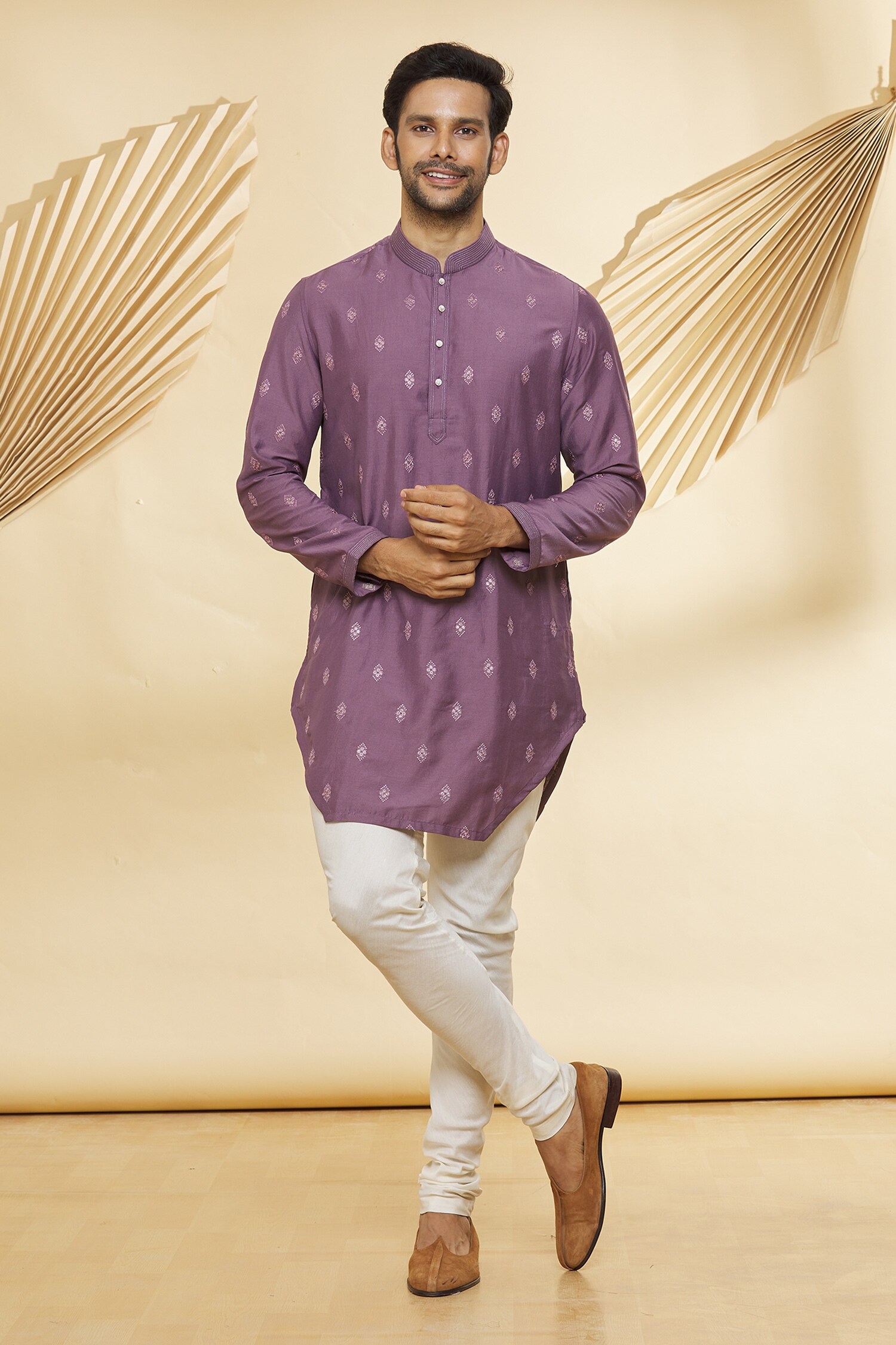 Buy Purple Kurta Soft And Churidar Sponge Embroidery Thread Set For Men By Nero By Shaifali