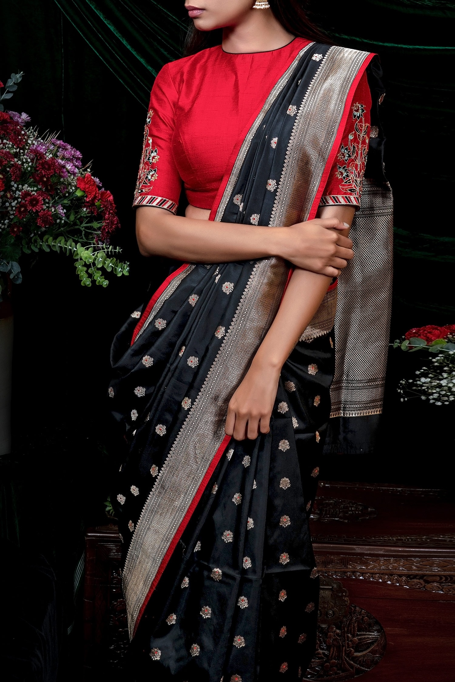 Shimai Jayachandra - Black Degummed Raw Silk Embroidery Floral Round Neck  Blouse For Women