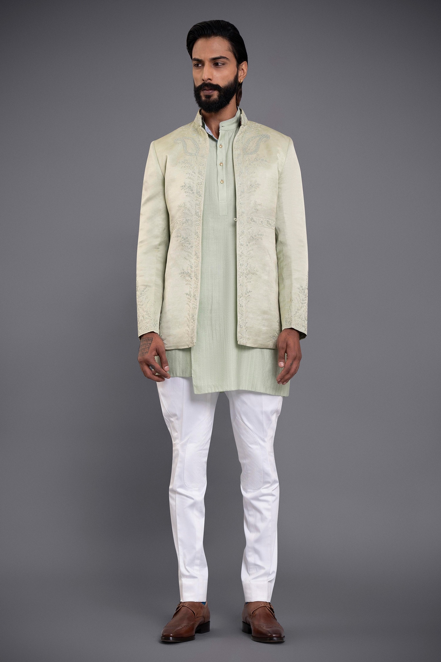 Buy Green Linen Silk Embroidery Paisley Bandhgala For Men By ...