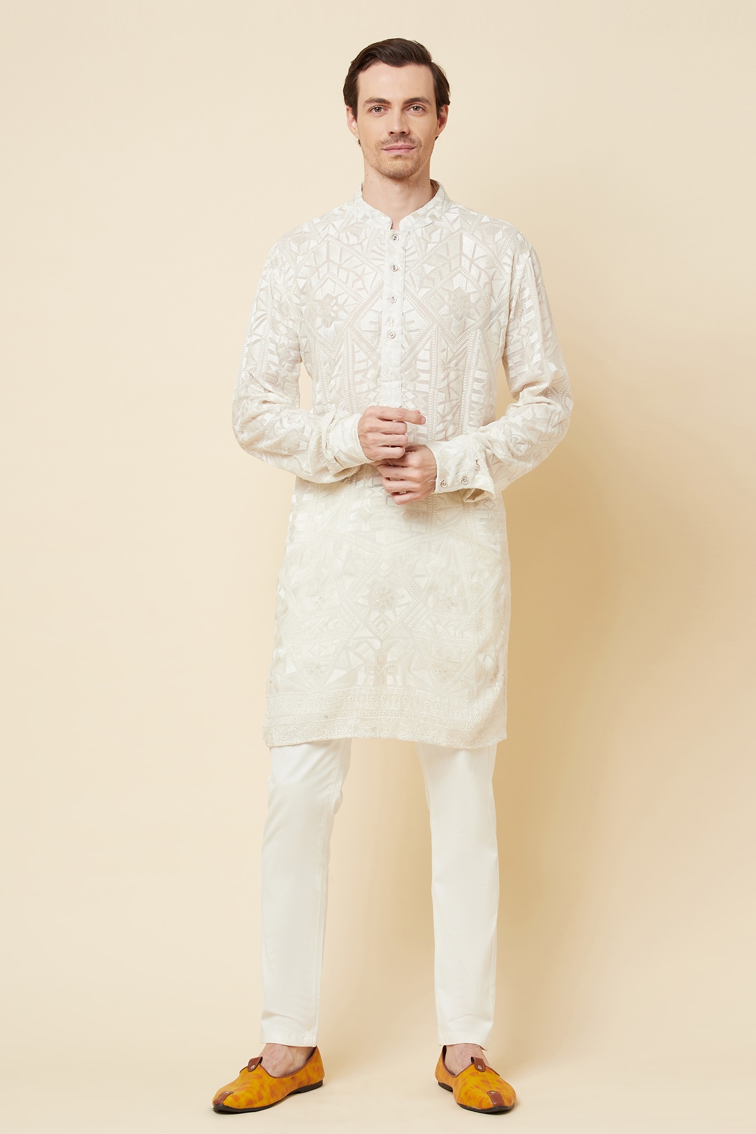 Spring Break White Polyester Cotton Lucknowi Kurta And Churidar Set