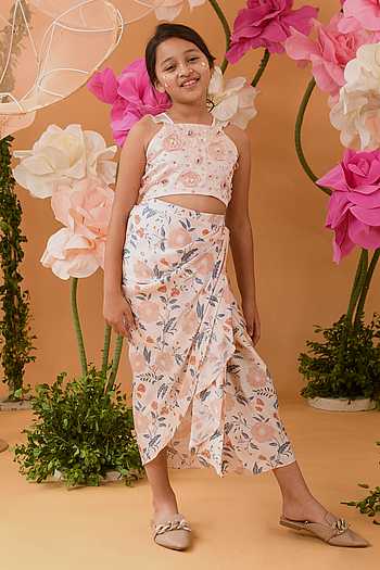 Girls White Lotus Embroidered Crop Top & Skirt Set