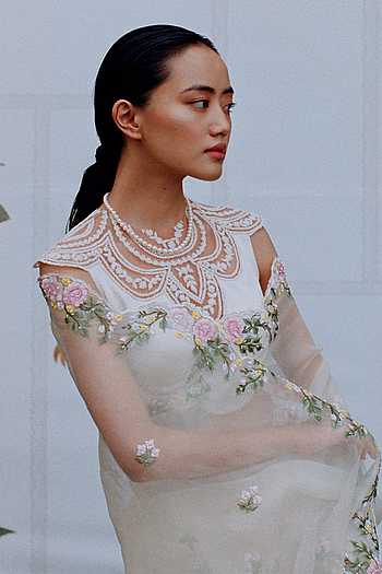 Buy Ivory Satin Embroidered Pearl Round Scallop Blouse For Women 
