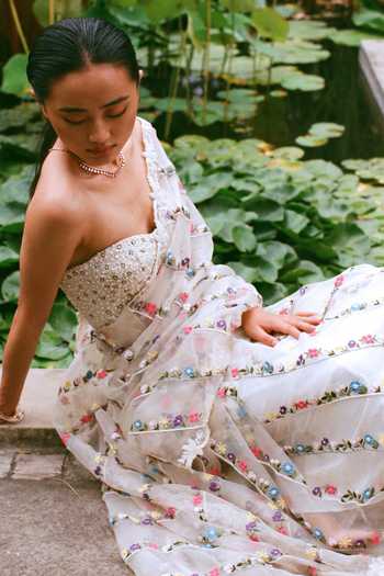Mettalic Bloom Organza Satin Saree  with Diamond Studs and Self Blouse Fabric