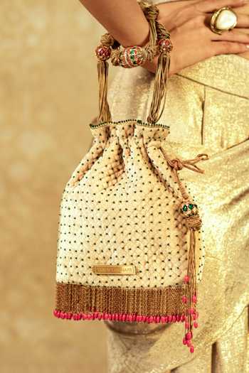 Handcrafted Women Potli Bag Purse Handbag Indian Velvet Party Wedding Clutch Bag Traditional Return Gift (Beige