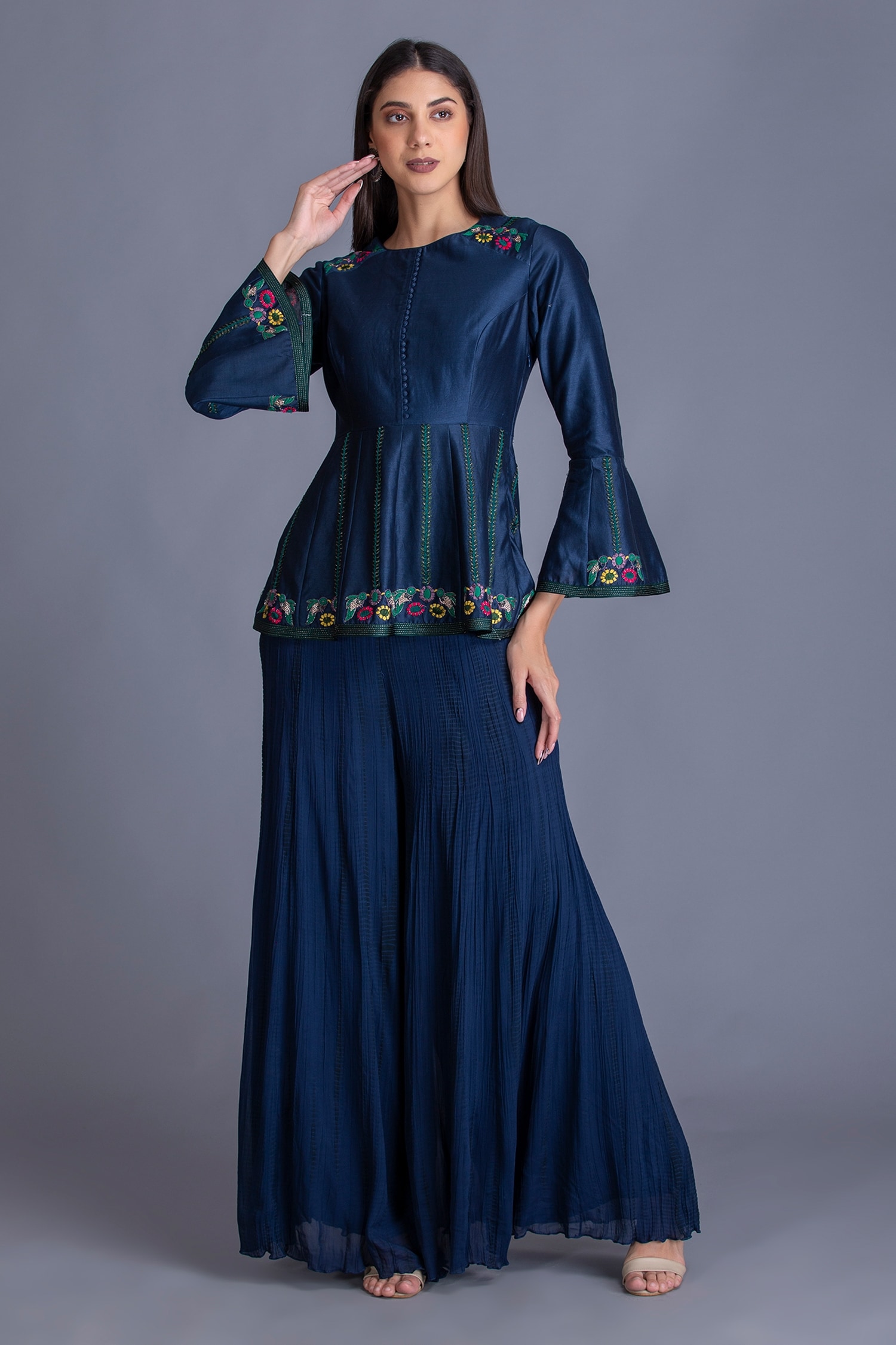 Buy Blue Chanderi Silk And Georgette Embroidery Resham & Tunic ...