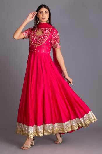 Pink Chanderi Silk Anarkali with Printed Shawl main image 1