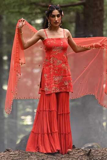 Women Red Floral Short Kurta With Tiered Sharara