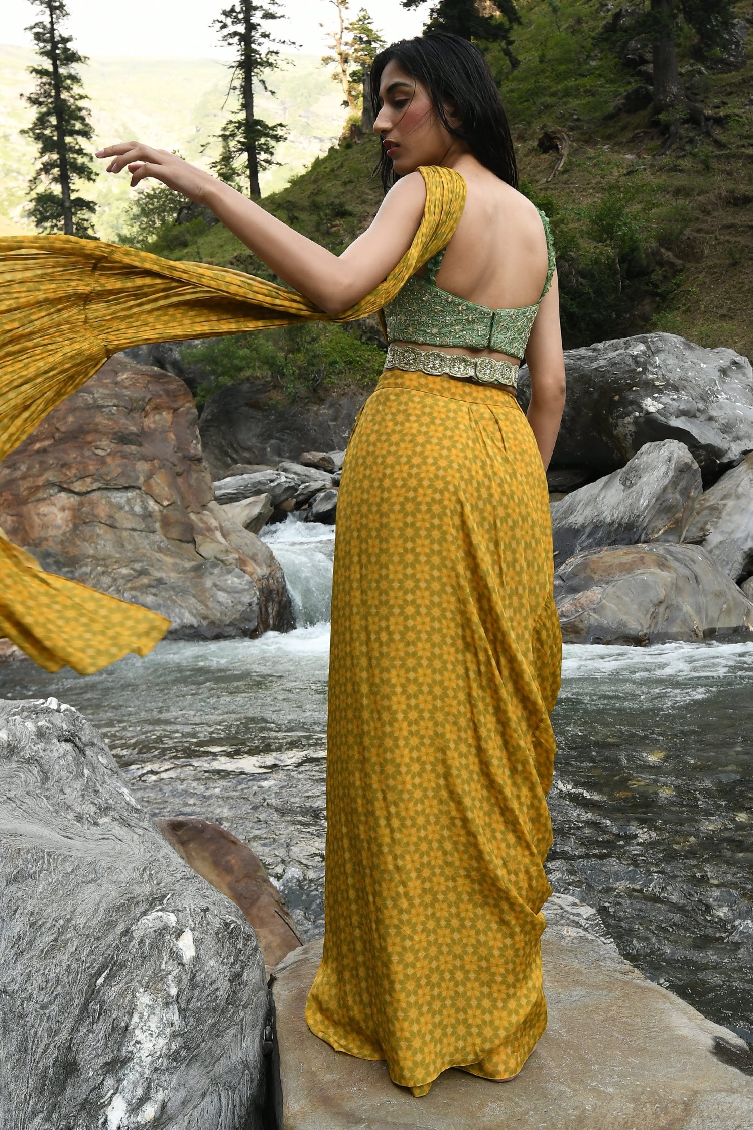 Buy Yellow Crepe And Organza Print & Embroidery Pre-draped Saree With Blouse  For Women by Paulmi and Harsh Online at Aza Fashions.