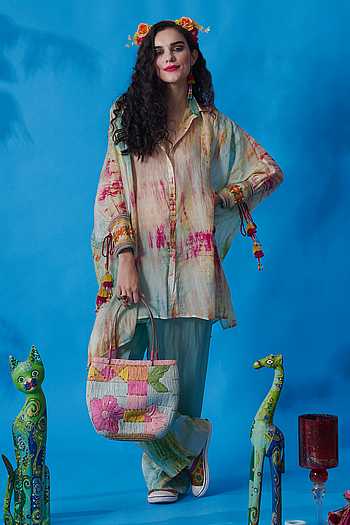 Habutai Silk Kaftan Kurti with Tulip Pant Set Featuring Mirror Embroidery and Tassels