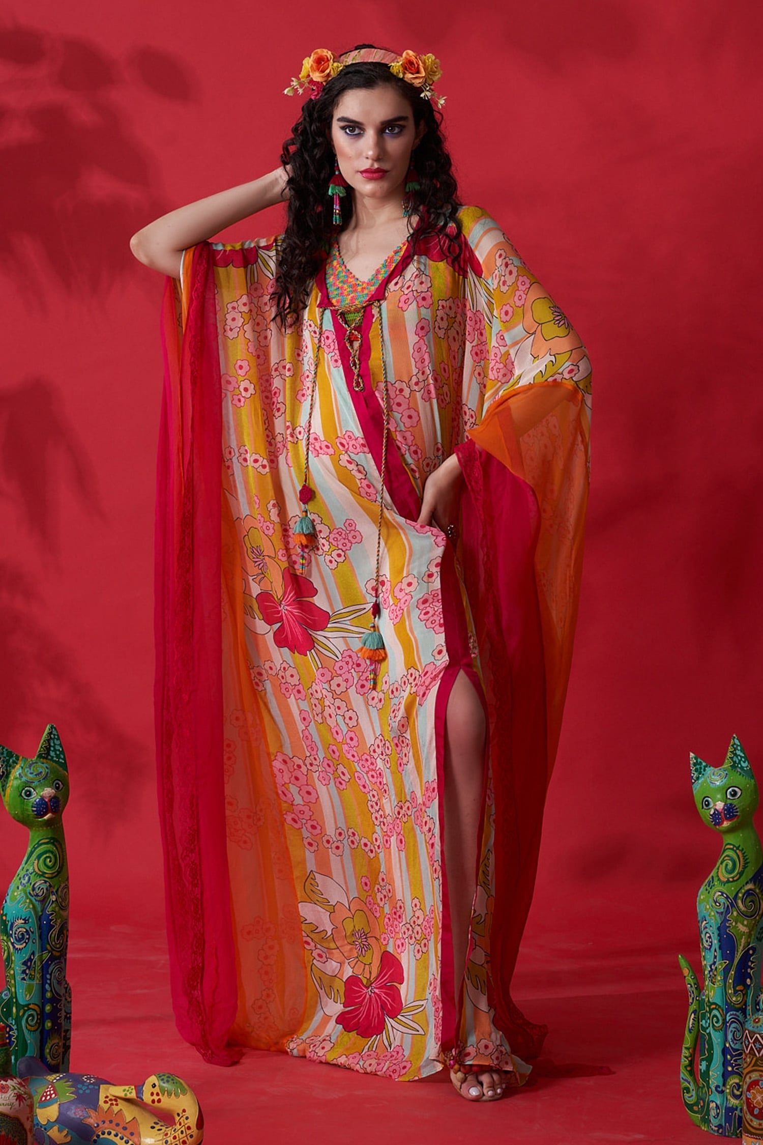 Buy Ivory Chiffon Floral V Neck Celesta Kaftan For Women by Capisvirleo