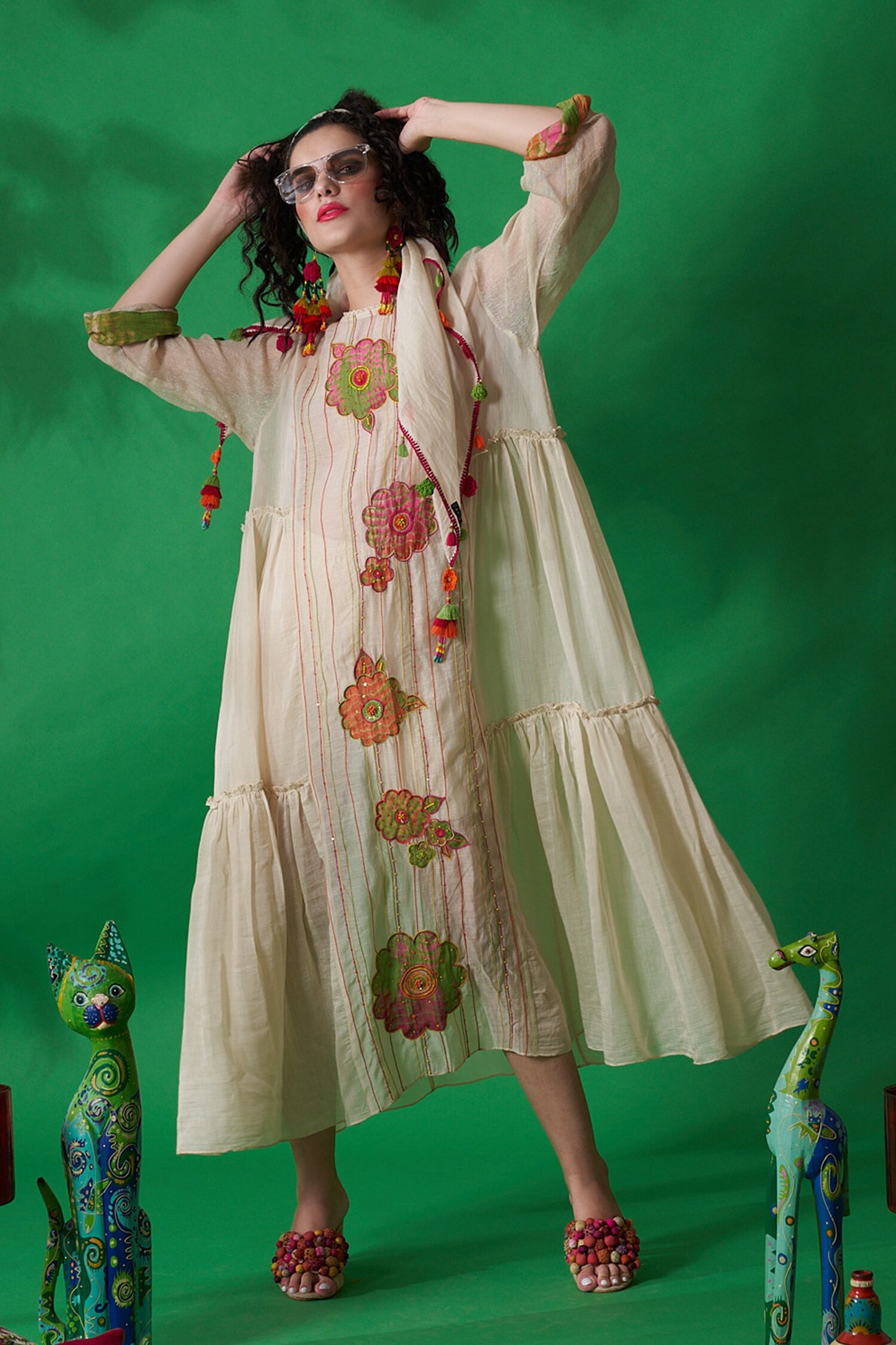 Buy Ivory Chanderi Silk Tie Dye And Embroidery Thread & Lemonade Dress