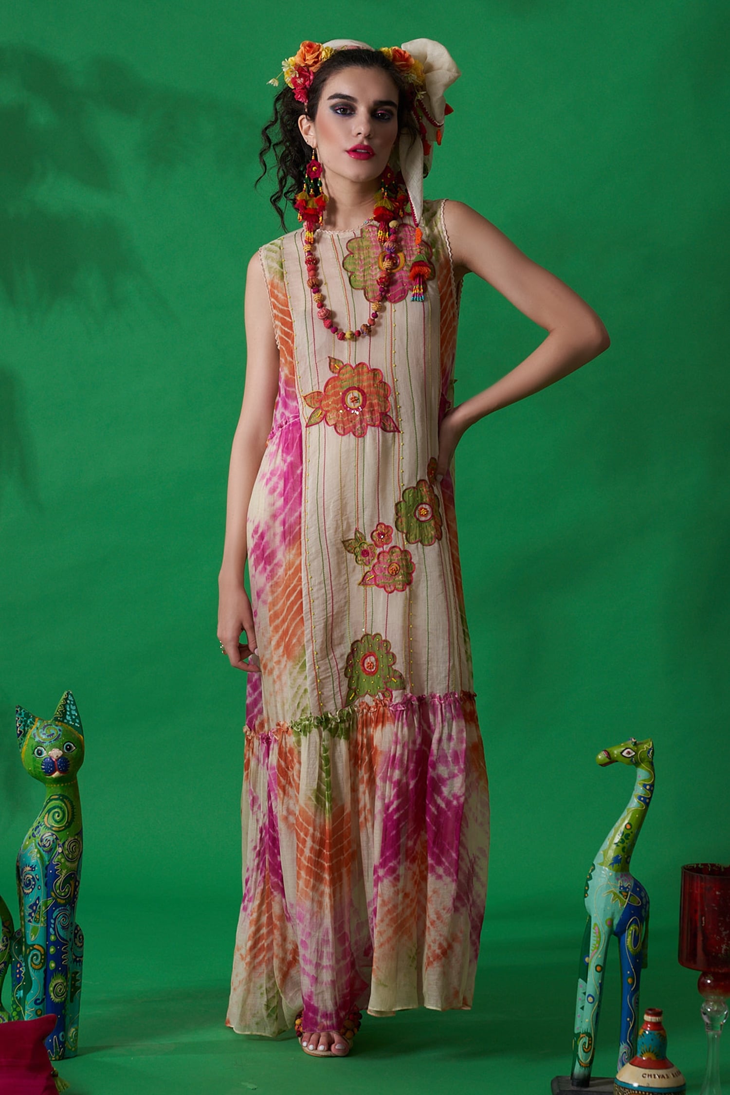 Buy Ivory Chanderi Silk Tie Dye And Embroidery Thread & Lemonade Dress ...