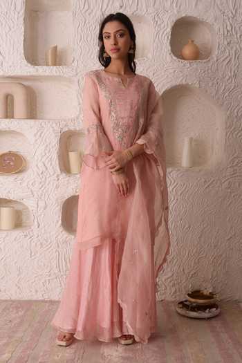 Doria Organza Satin Pink Kurta with Sharara Set