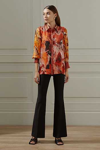 Akhzari Cupro Satin Champagne Printed Shirt Set