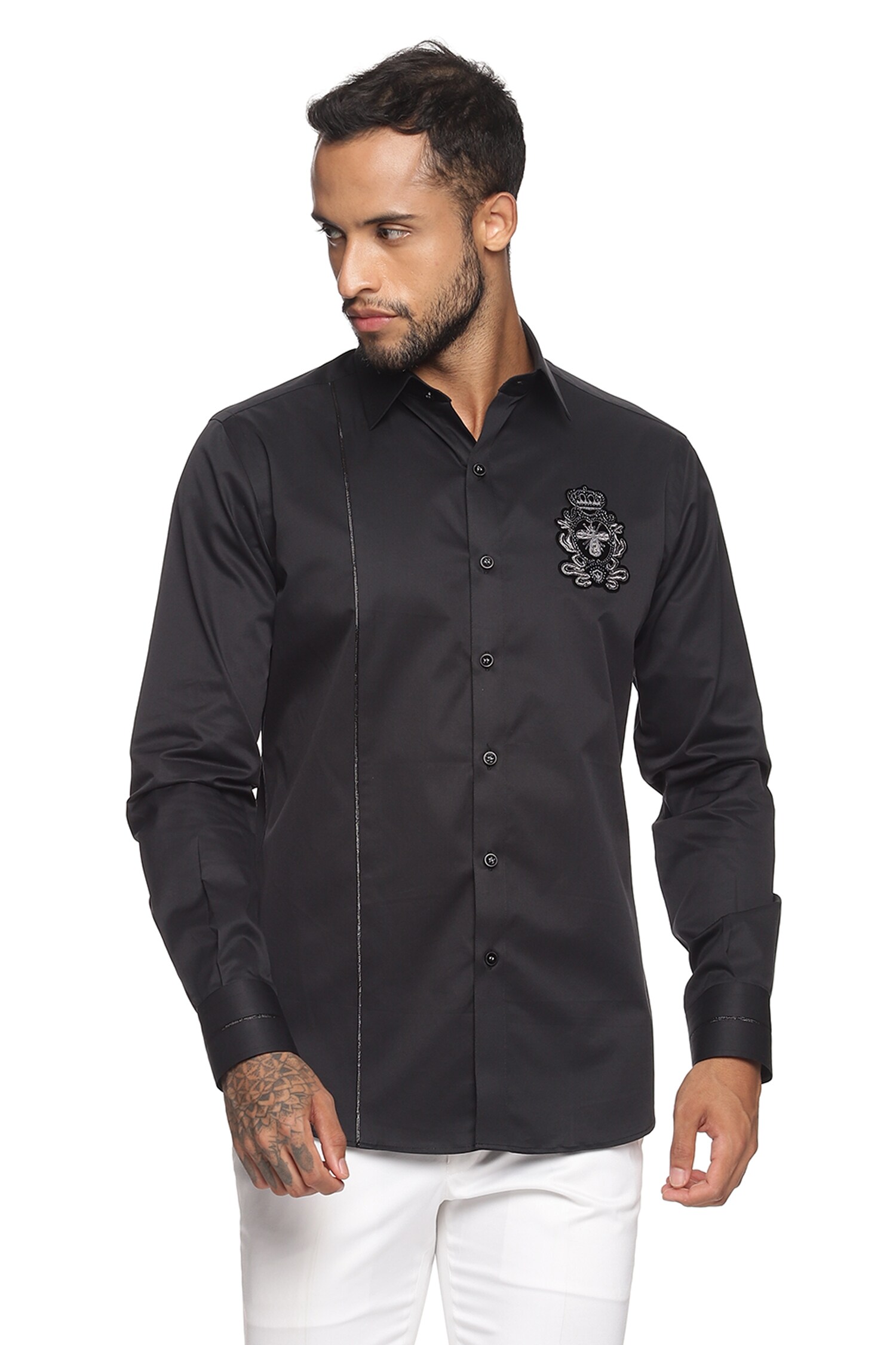 Tiger Black Satin Mandarin Collar Shirt - SNITCH