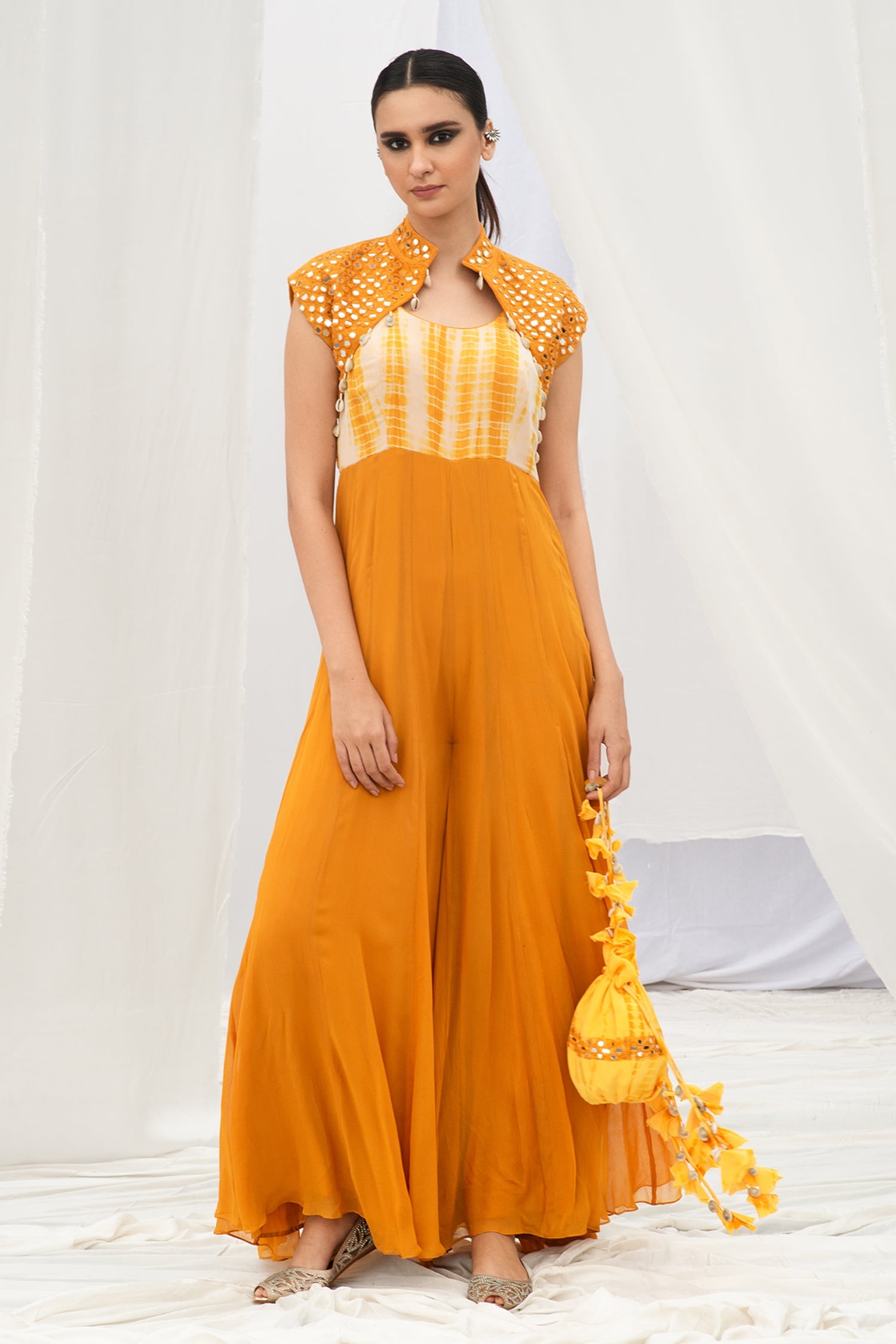 Buy Yellow Tie And Dye Mirror Jumpsuit With Embroidered