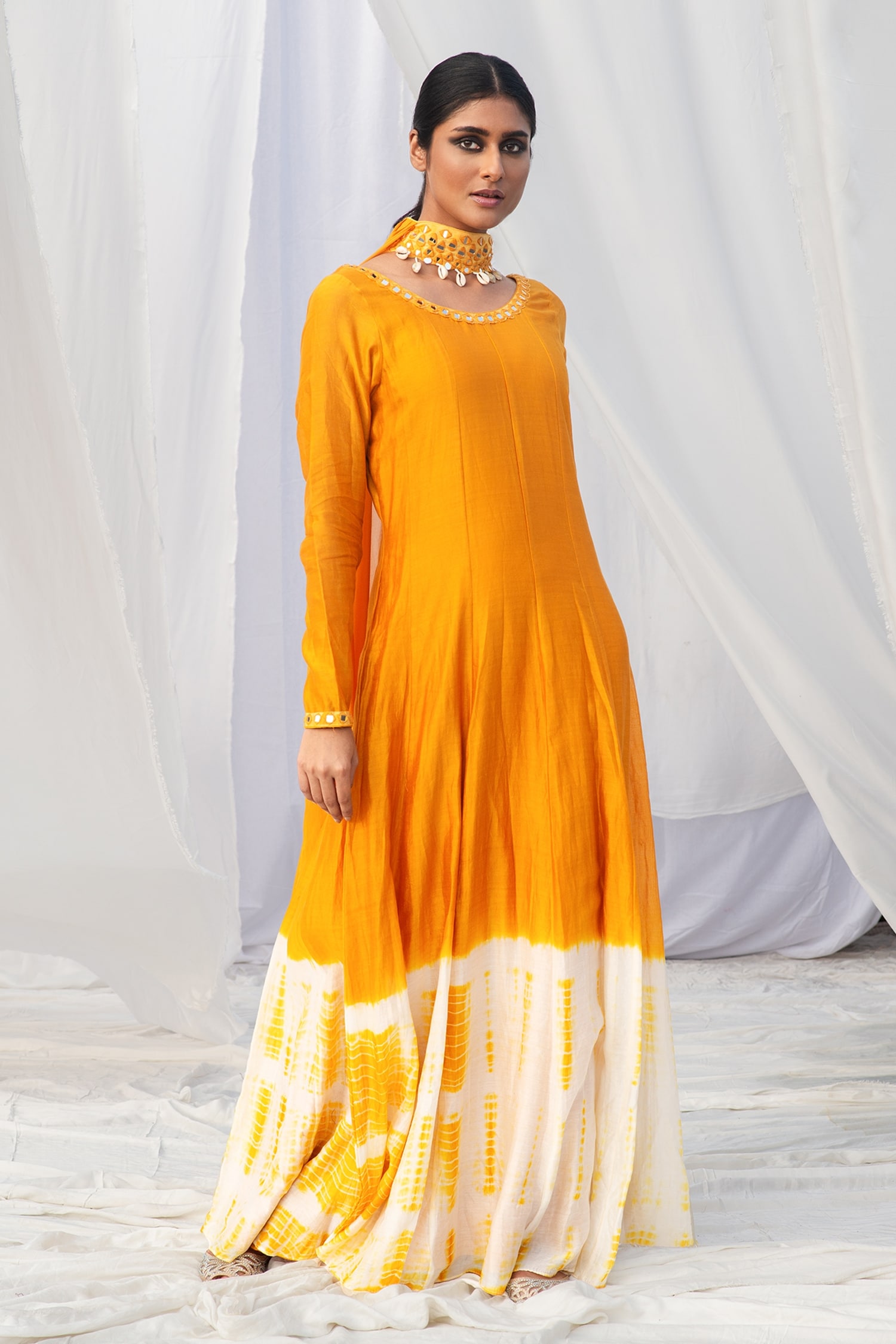 Buy Yellow Chanderi Tie And Dye Mirror Round Anarkali With Dupatta For