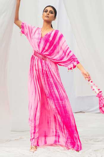 Women's Pink Crepe Kaftan Cinched Tie Up Waist Layered Top