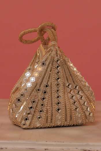 Cream & Gold Sequined Potli Bag – Elegant Faux Silk Handbag from Dangle Collection main image 0