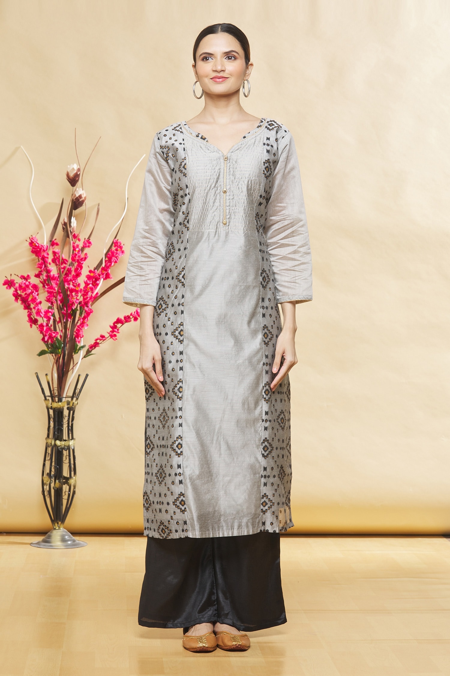 Samyukta Singhania - Grey Art Silk Umbrella Sleeve Kurta Set