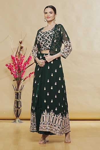 Green Blooming Faux Georgette Suit Lehenga main image 1