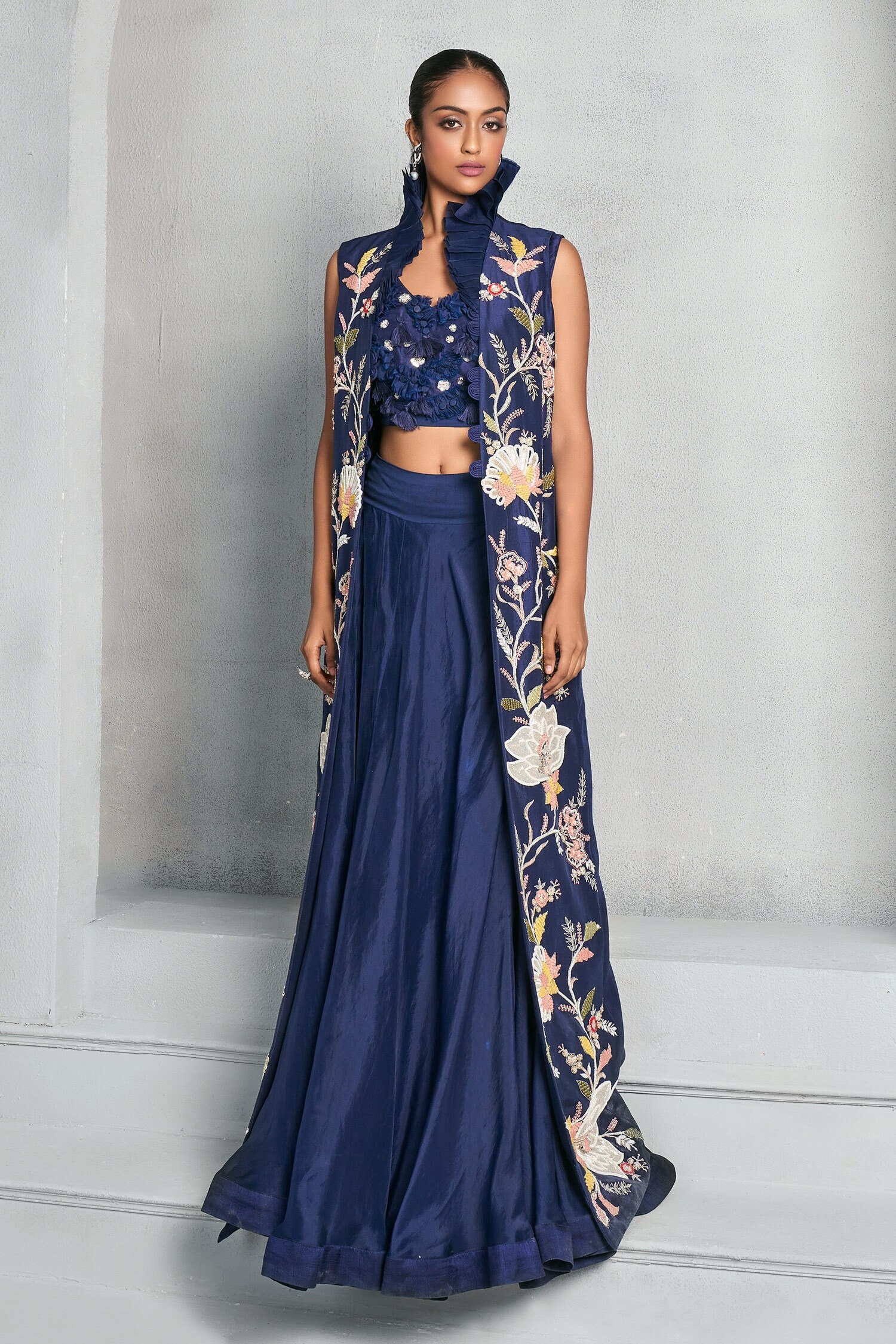 Buy Blue Silk And Embroidery Sarouk & Sequin Jacket Lehenga Set For Women  by Soup by Sougat Paul Online at Aza Fashions.