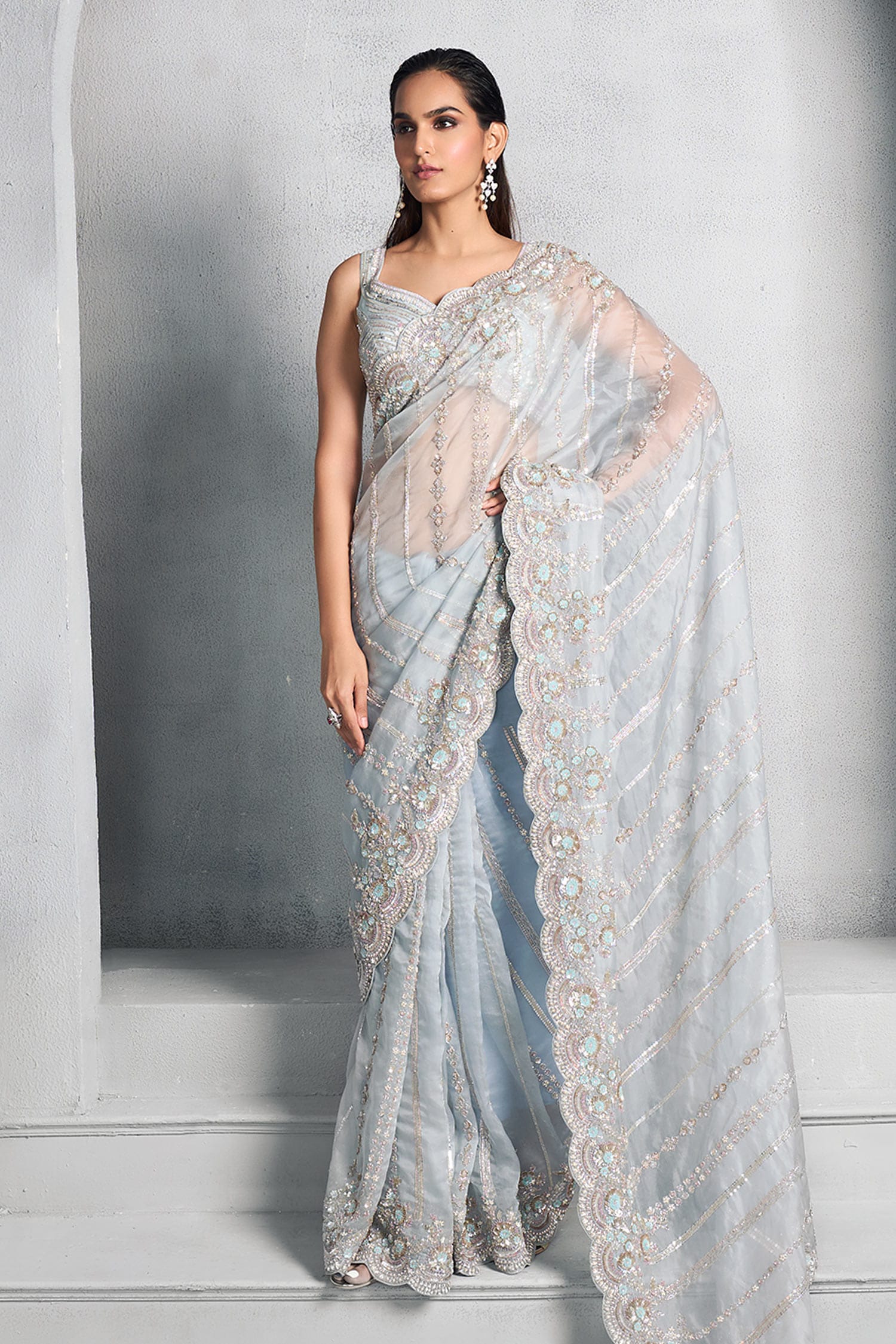 Buy Stotram Blue Saree-organza Embellished Saree With Blouse Online ...