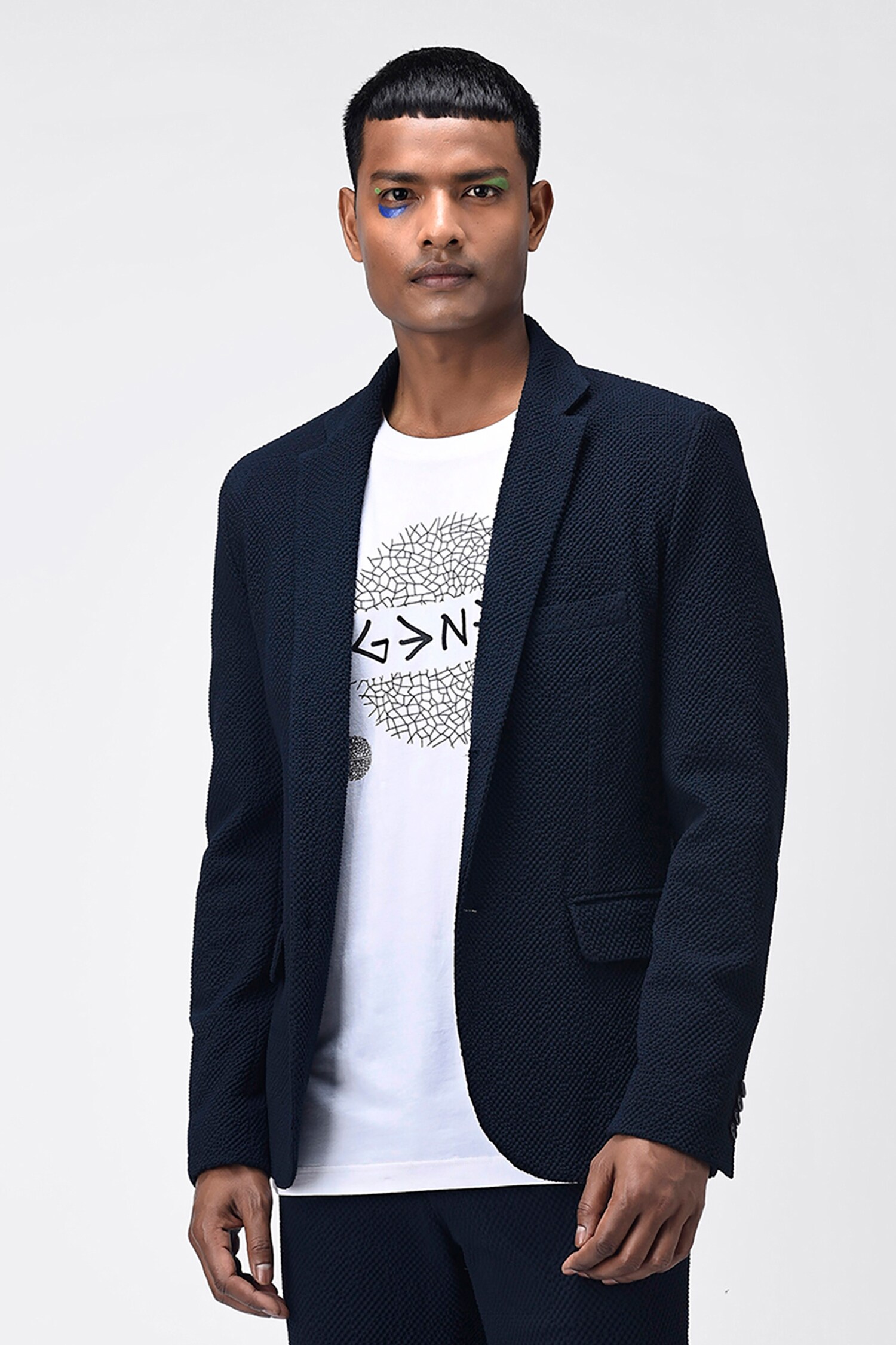 Buy Blue Seersucker Printed Polka Dot Full Sleeve Jacket For Men by