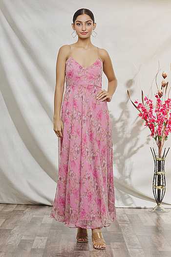 Pretty Spaghetti Straps Pink Chiffon Print Floral Mermaid Long Party Dress Formal Wedding Guest Dress SP1571 main image 1