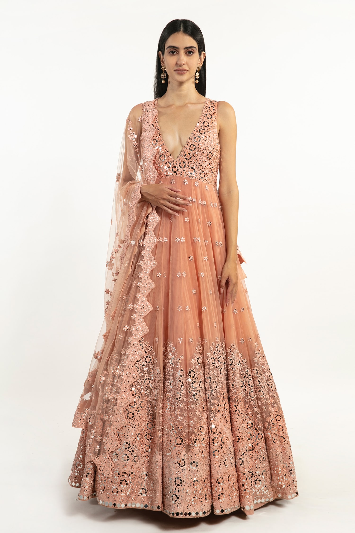 Buy Peach Deep V Neck Anarkali with Silk Organza Dupatta by Designer ITRH  Online at