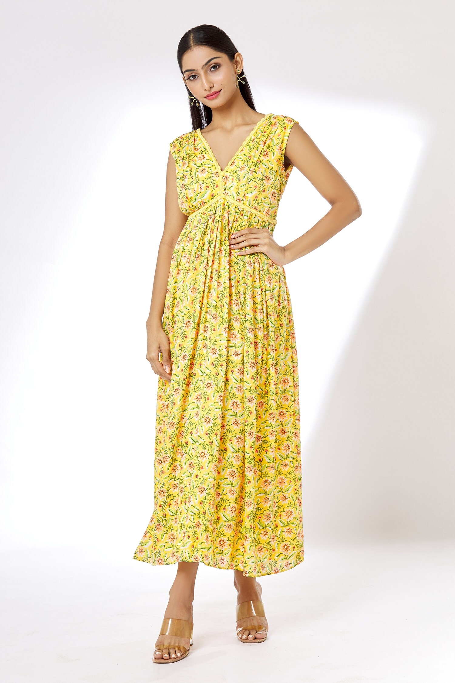 Buy Yellow Modal Silk; Lining: Crepe Floral V Neck Dress For Women by ...