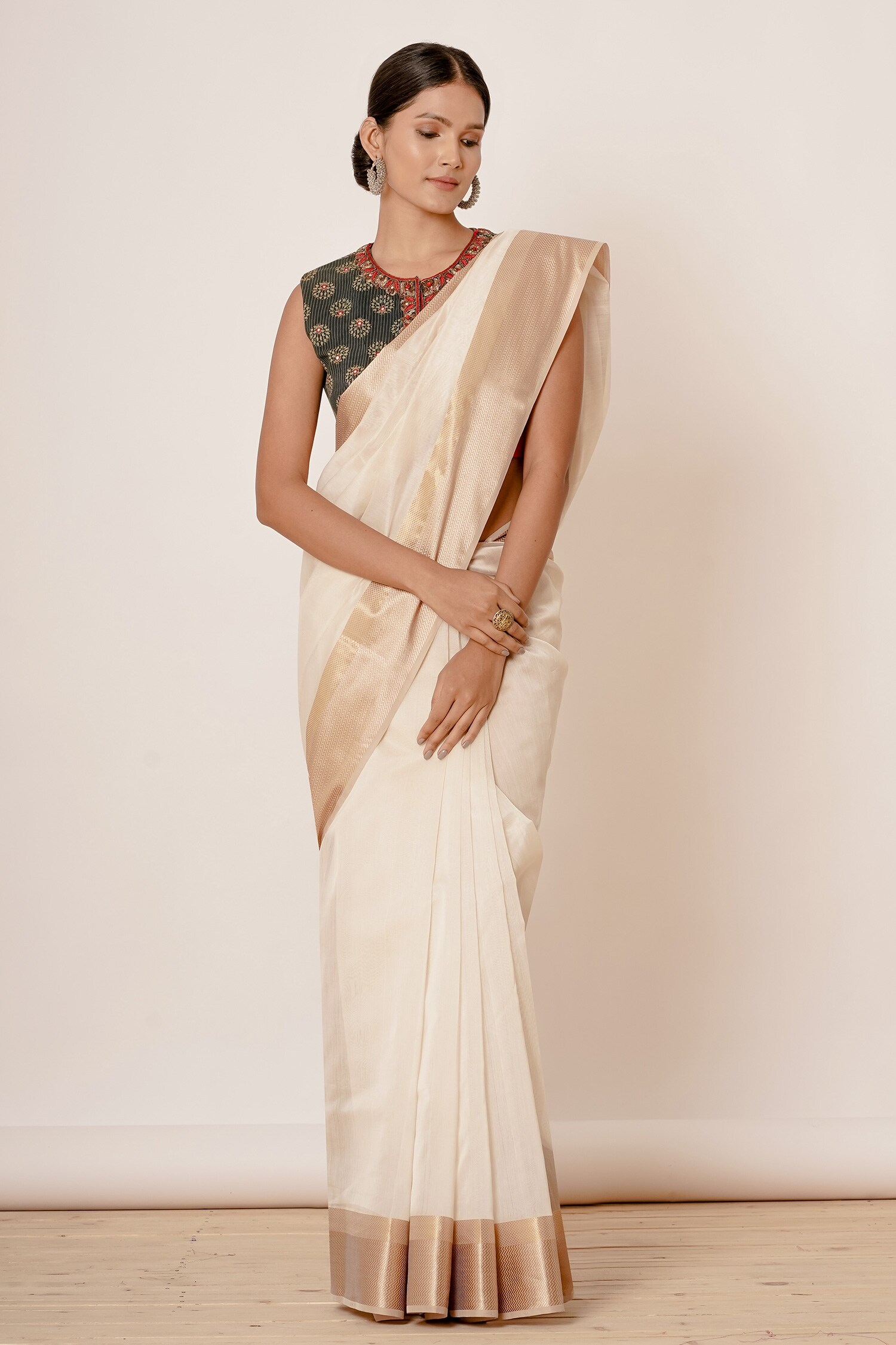 Buy Ivory Pure Handwoven Chanderi Lining Cotton And Saree With Blouse