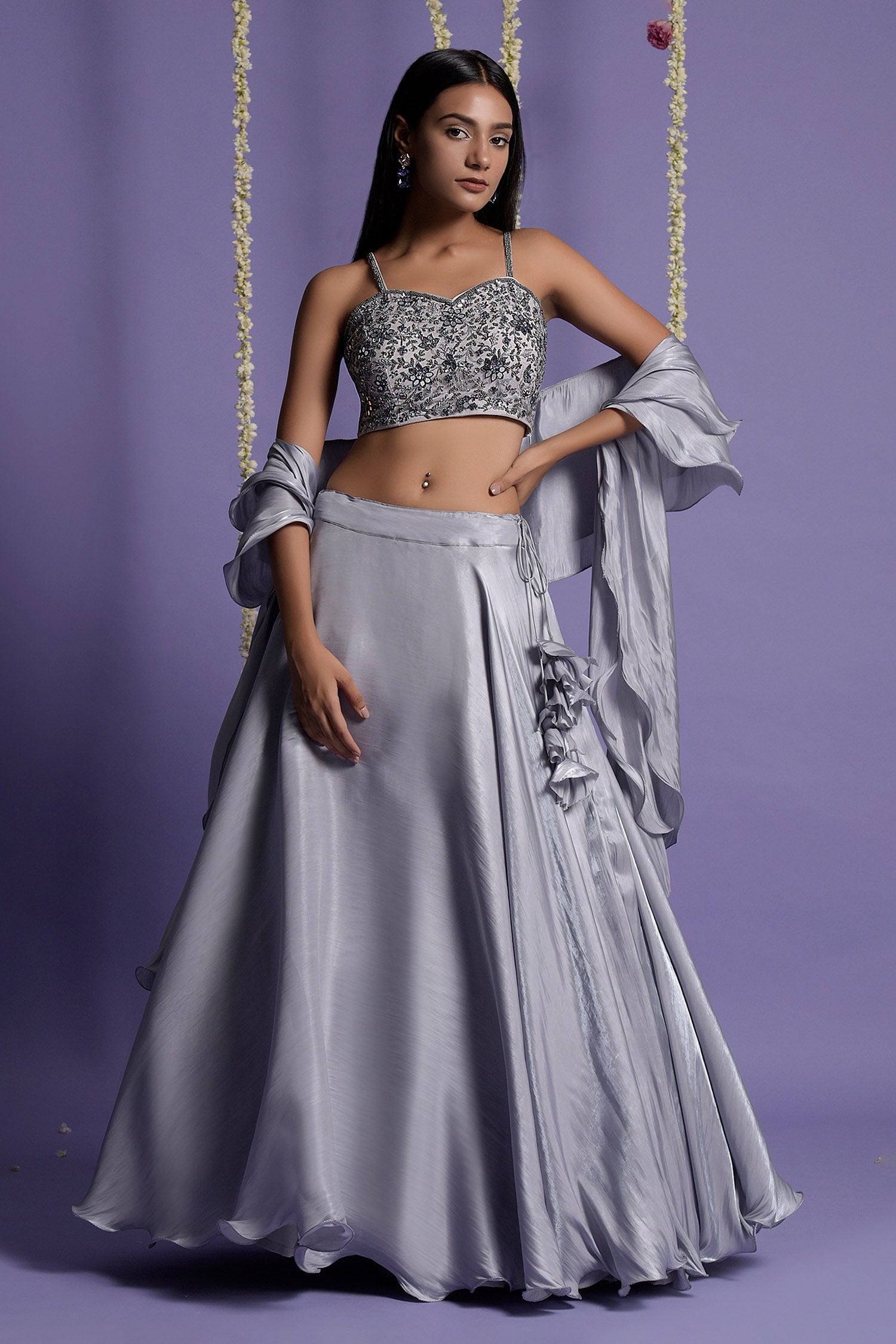 Buy Silver Grey Lehenga Set In Sequins Embroidered Net With Pink Organza  Ruffled Dupatta Online - Kalki Fashion