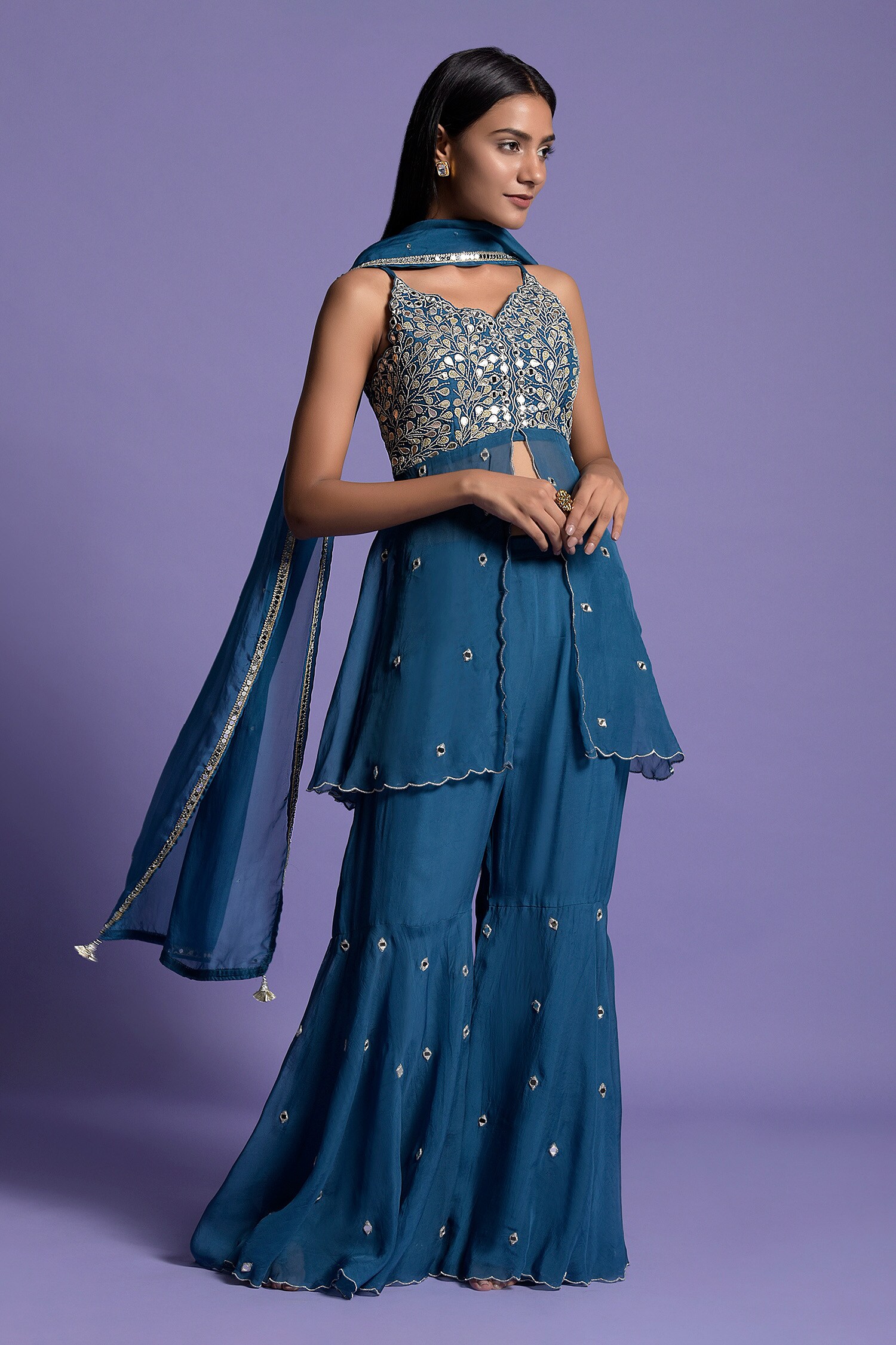 Buy Blue Top Organza Embroidery Mirror Scallop V Neck Peplum Gharara ...