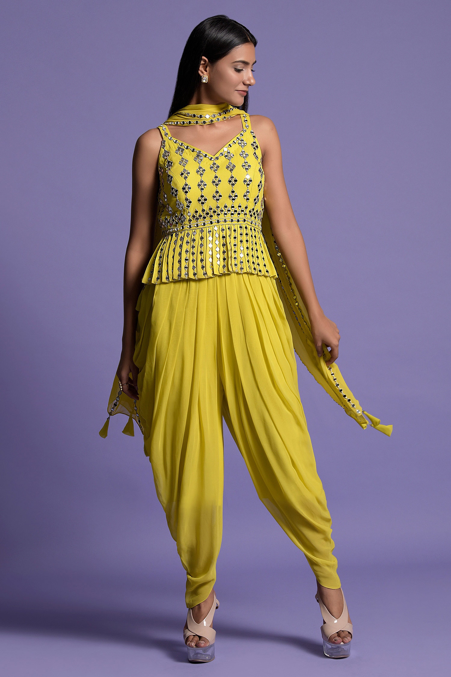 Buy Yellow Viscose Embroidery Mirror V Neck Peplum Top Dhoti Pant Set