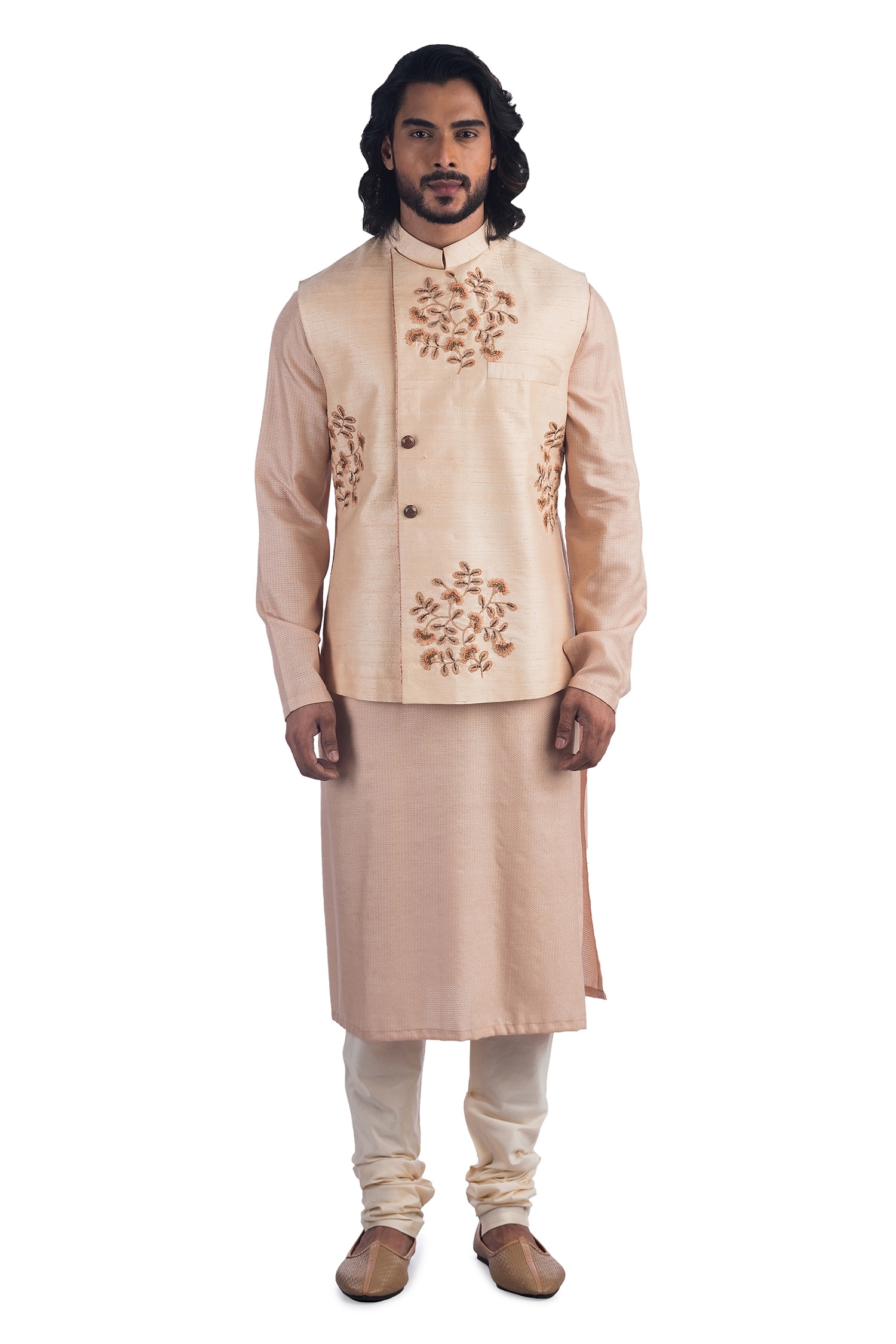Poonam Kasera Peach Silk Embroidered Bundi And Kurta Set