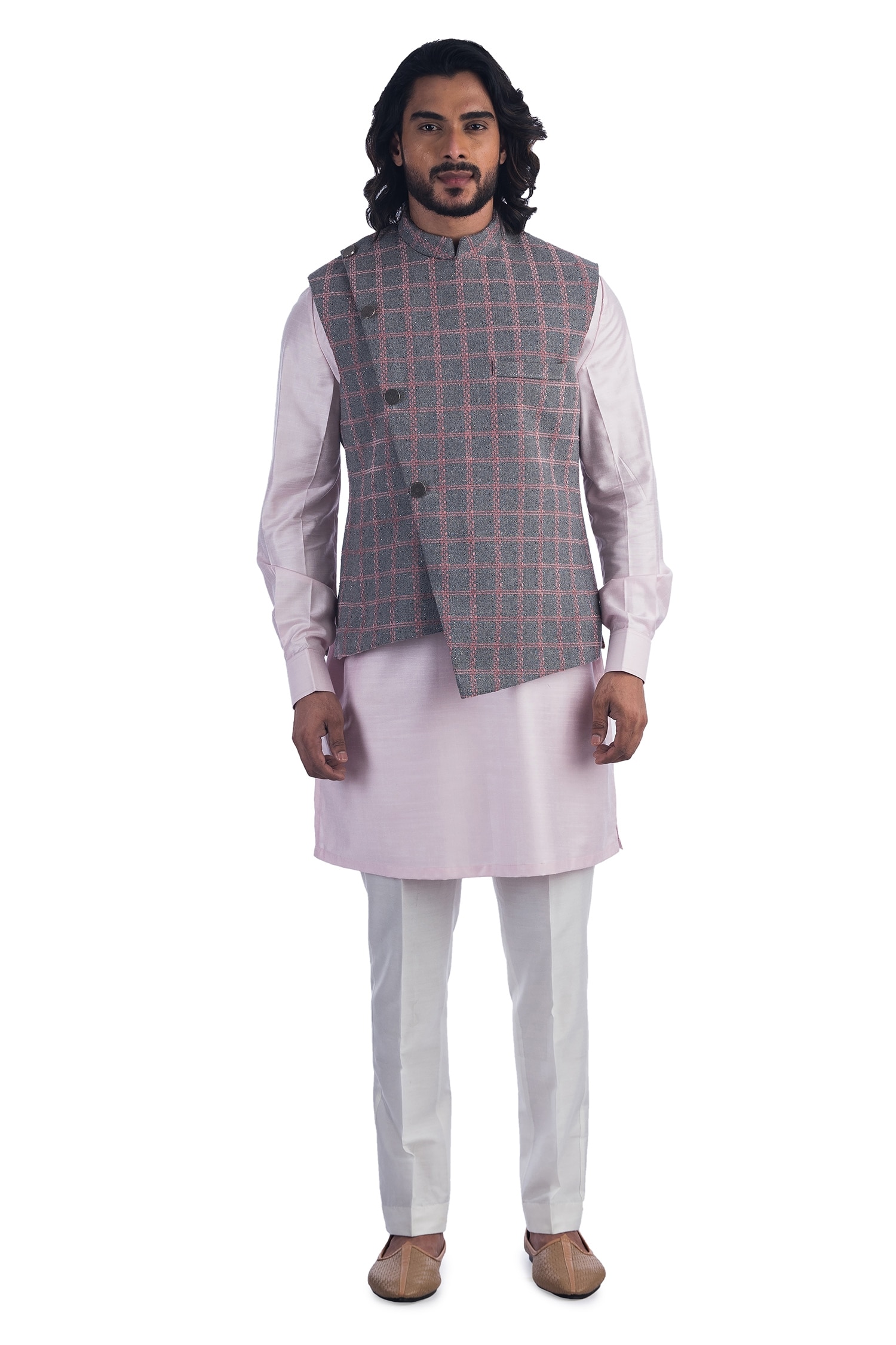 Poonam Kasera Grey Silk Checkered Bundi And Kurta Set