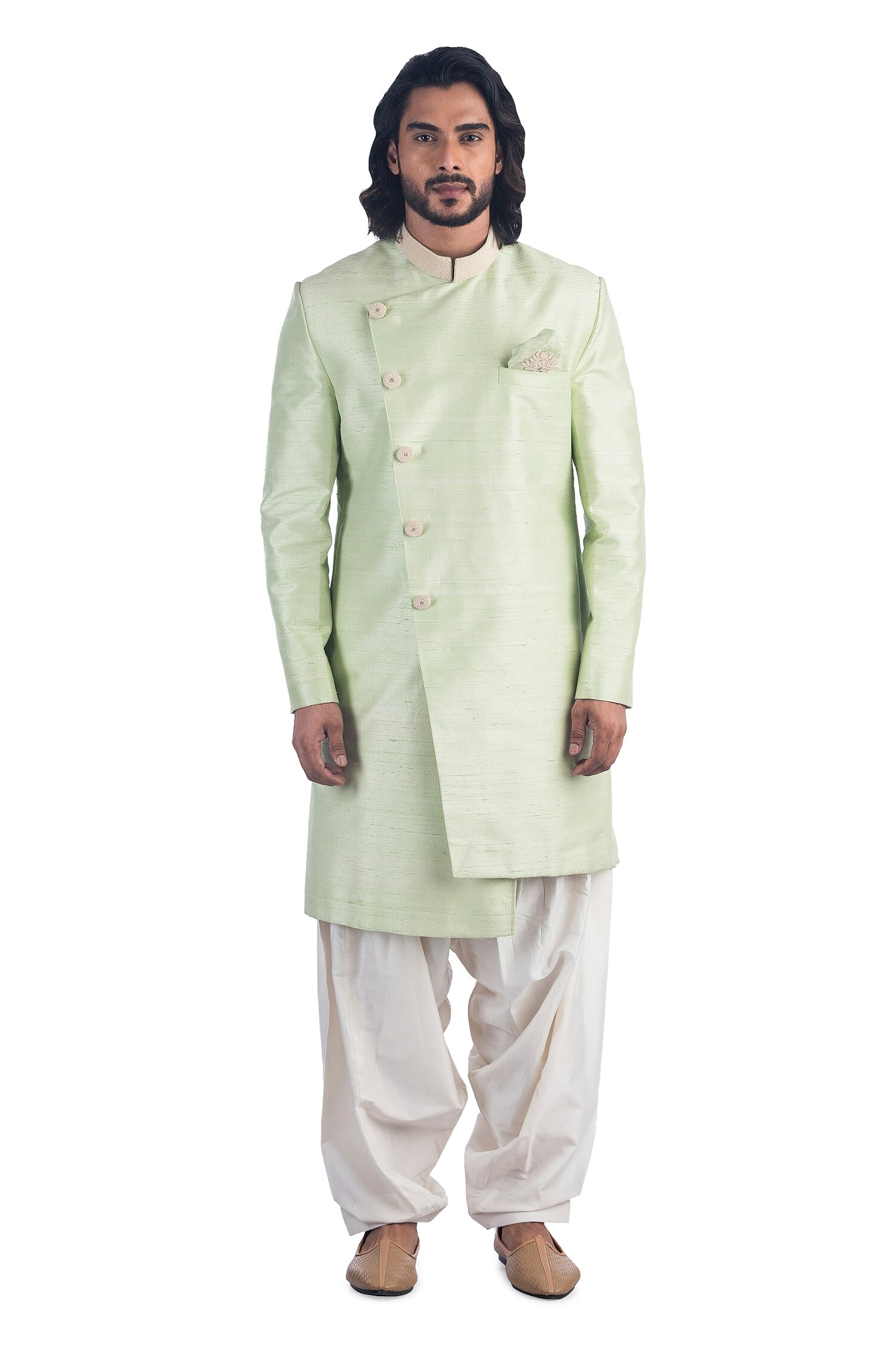 Poonam Kasera Green Silk Bandhgala Set