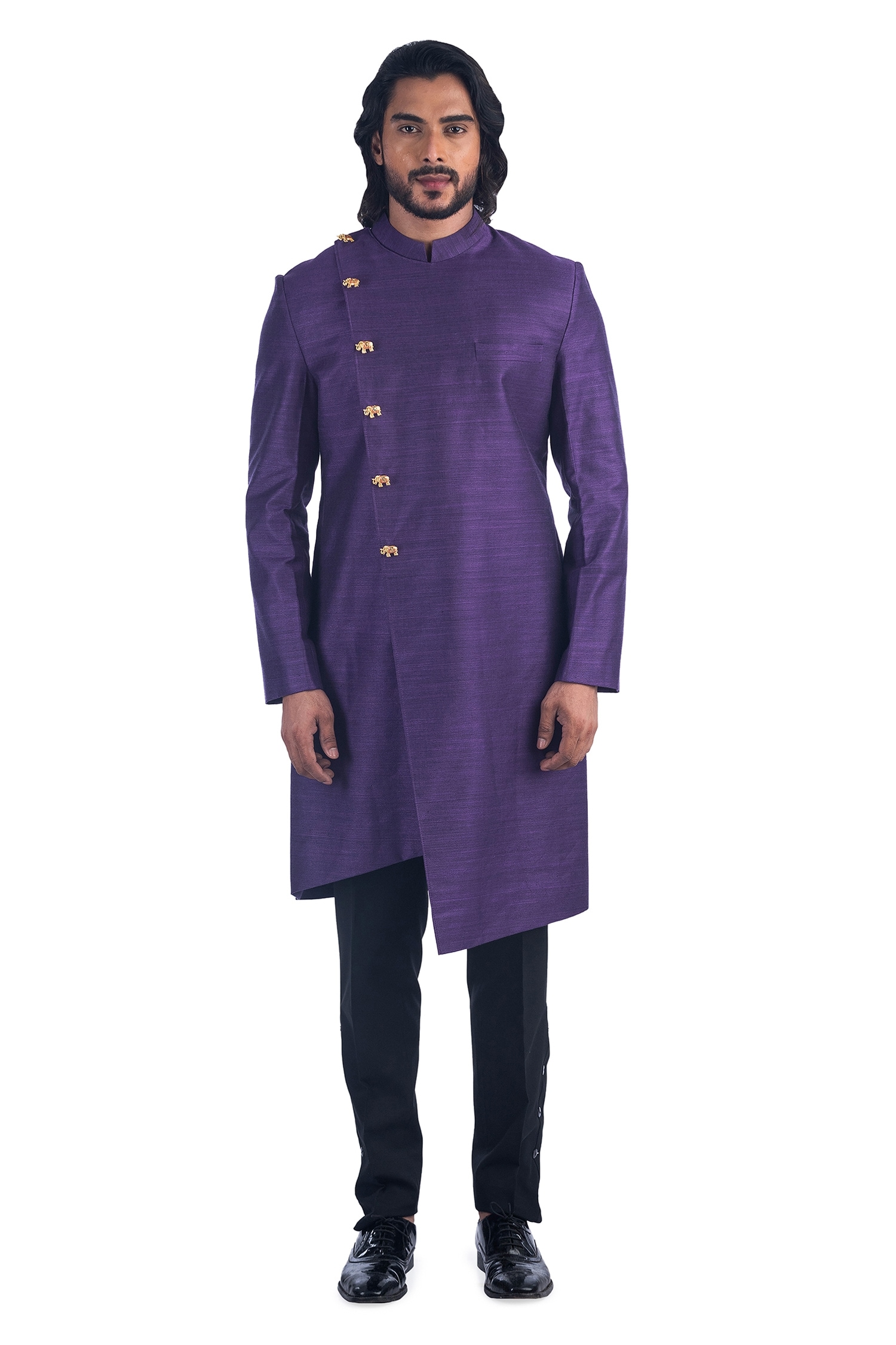 Poonam Kasera Purple Silk Asymmetric Bandhgala Set