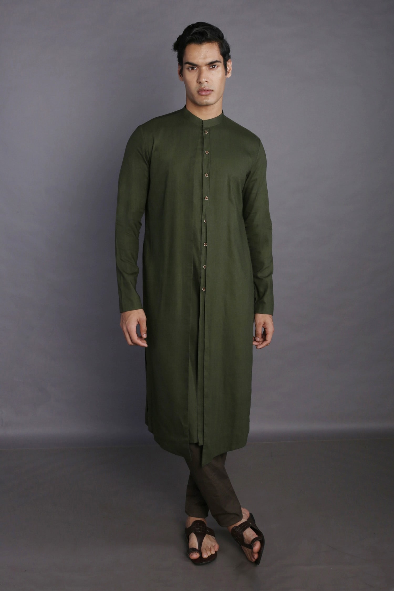 Buy Green Kurta: Cotton Flex Plain Layered Set For Men by GRAM OF INK ...